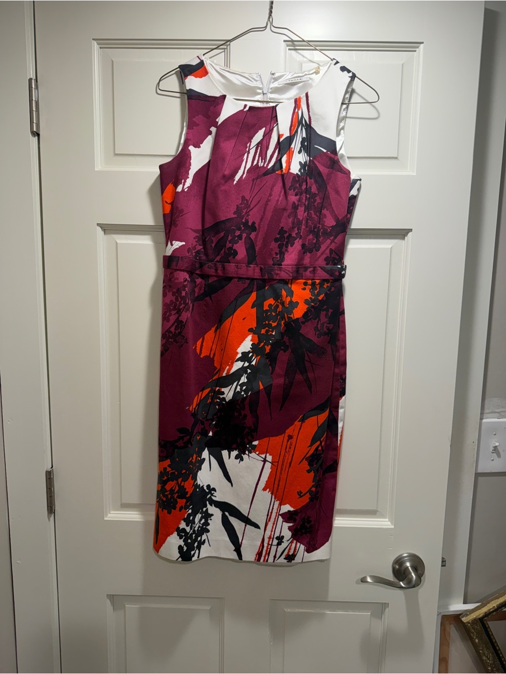 Tahari Plum, Orange and White Abstract Floral Midi Dress